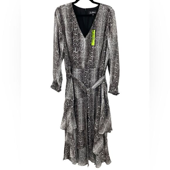 NWT Sam Edelman Snakeskin Tiered Ruffle Long Sleeve Midi Dress Grey Plus Size 1X - Picture 3 of 9